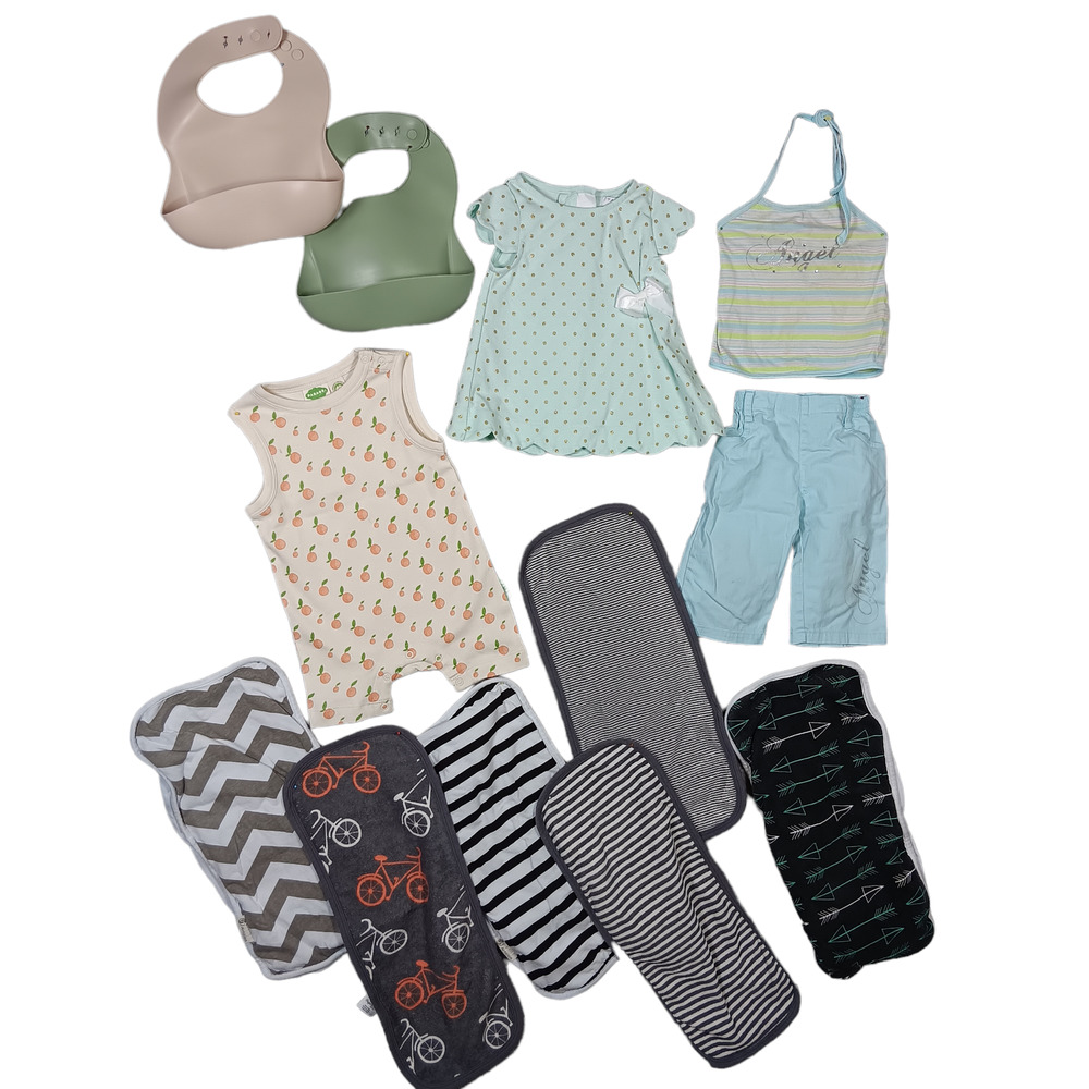 Bundle of 12 items 6-9 months Baby Girl Bibs, clothes and Burp Clothes